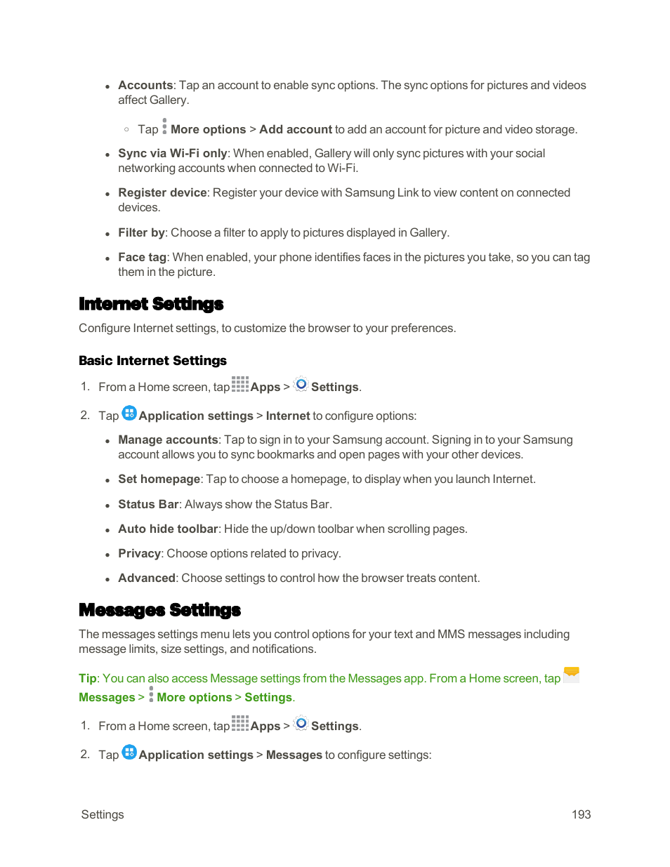 Internet settings, Messages settings, Message settings | Samsung Galaxy Note 4 User Manual | Page 204 / 213