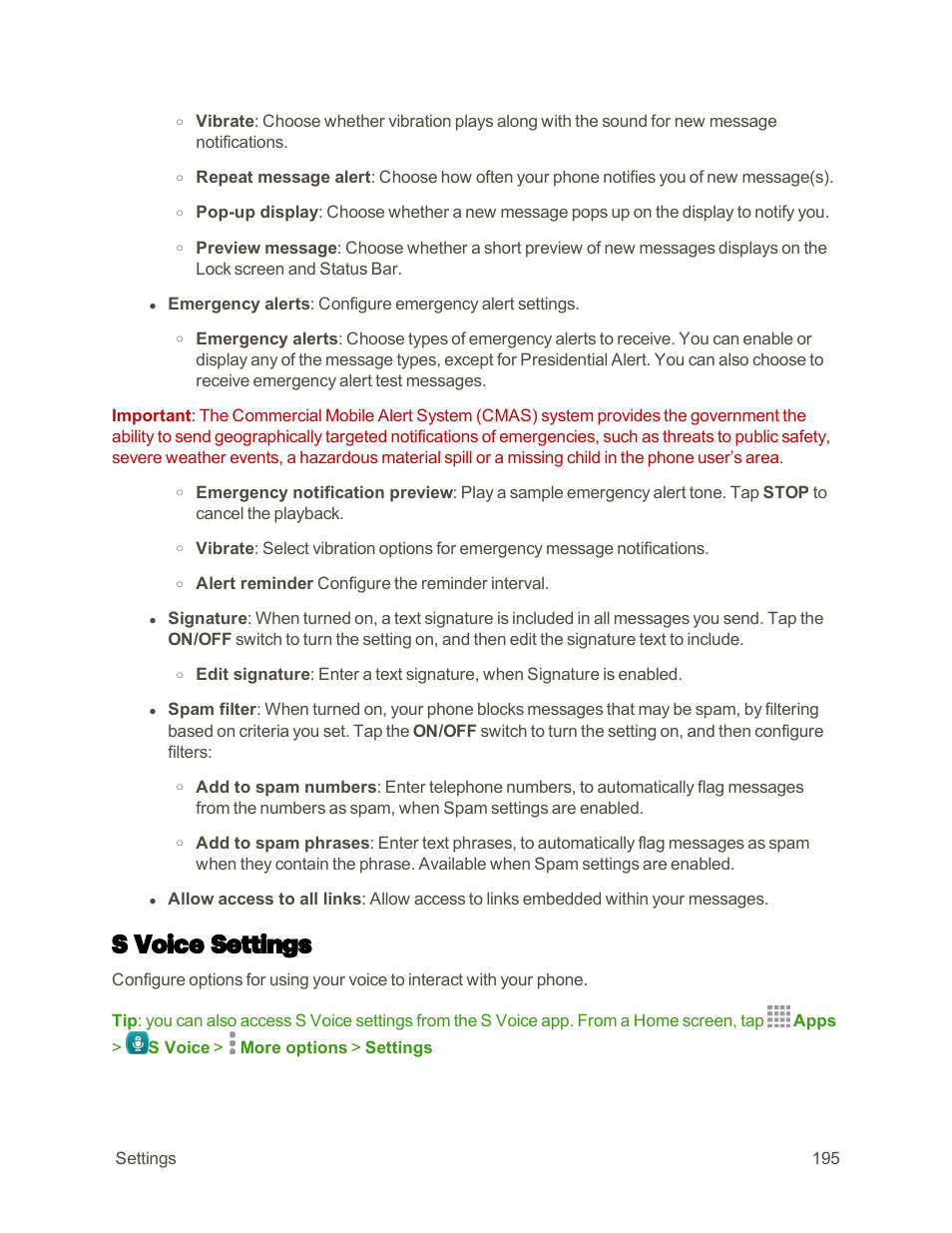 S voice settings | Samsung Galaxy Note 4 User Manual | Page 206 / 213