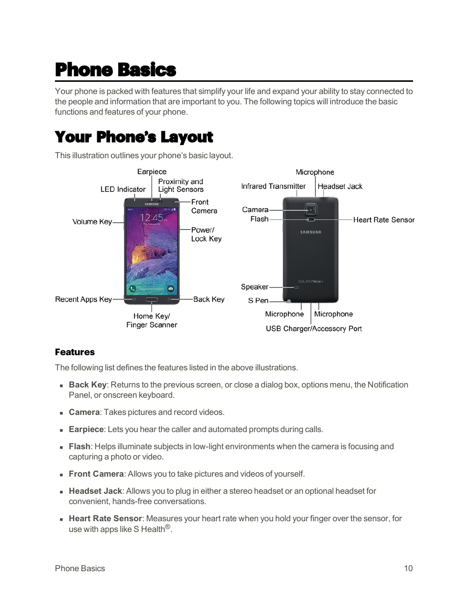 Phone basics, Your phone’s layout | Samsung Galaxy Note 4 User Manual | Page 21 / 213