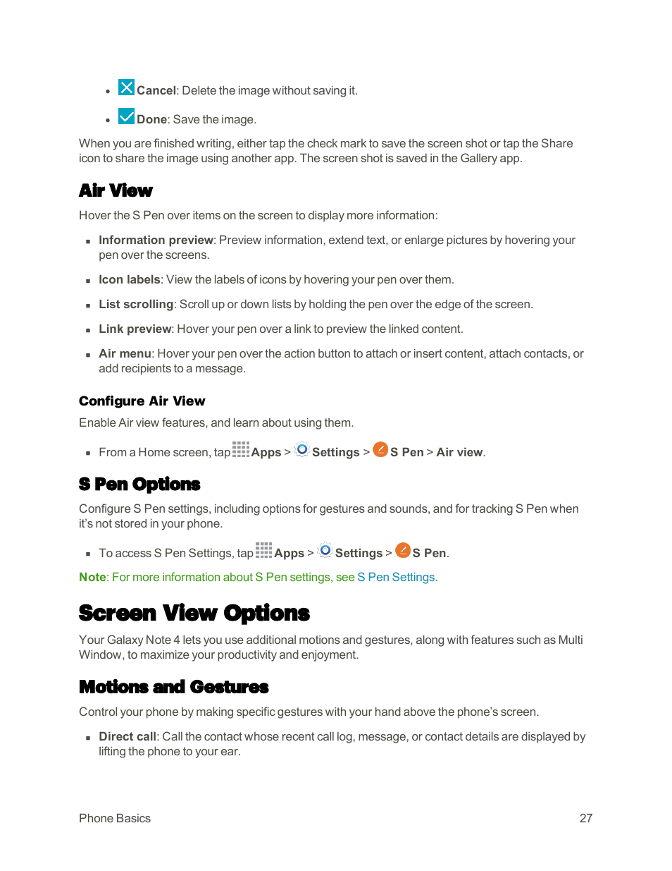 Air view, S pen options, Screen view options | Motions and gestures | Samsung Galaxy Note 4 User Manual | Page 38 / 213