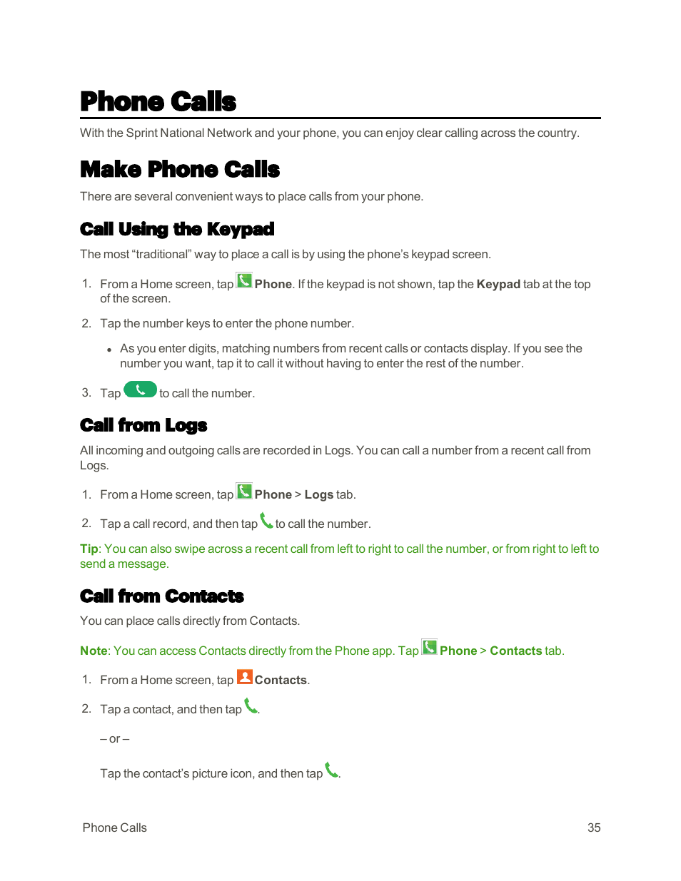 Phone calls, Make phone calls, Call using the keypad | Call from logs, Call from contacts | Samsung Galaxy Note 4 User Manual | Page 46 / 213