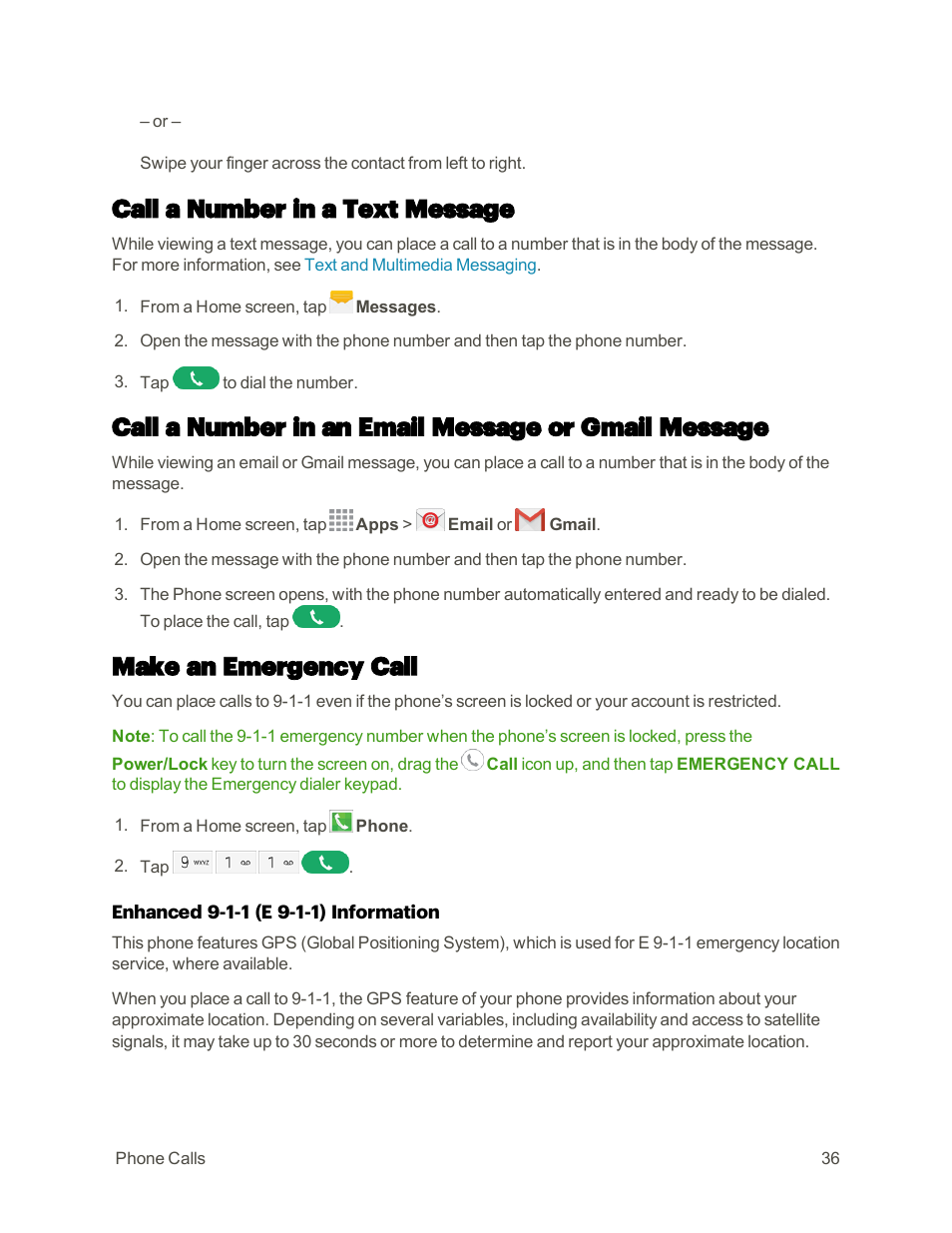 Call a number in a text message, Call a number in an email message or gmail message, Make an emergency call | Samsung Galaxy Note 4 User Manual | Page 47 / 213