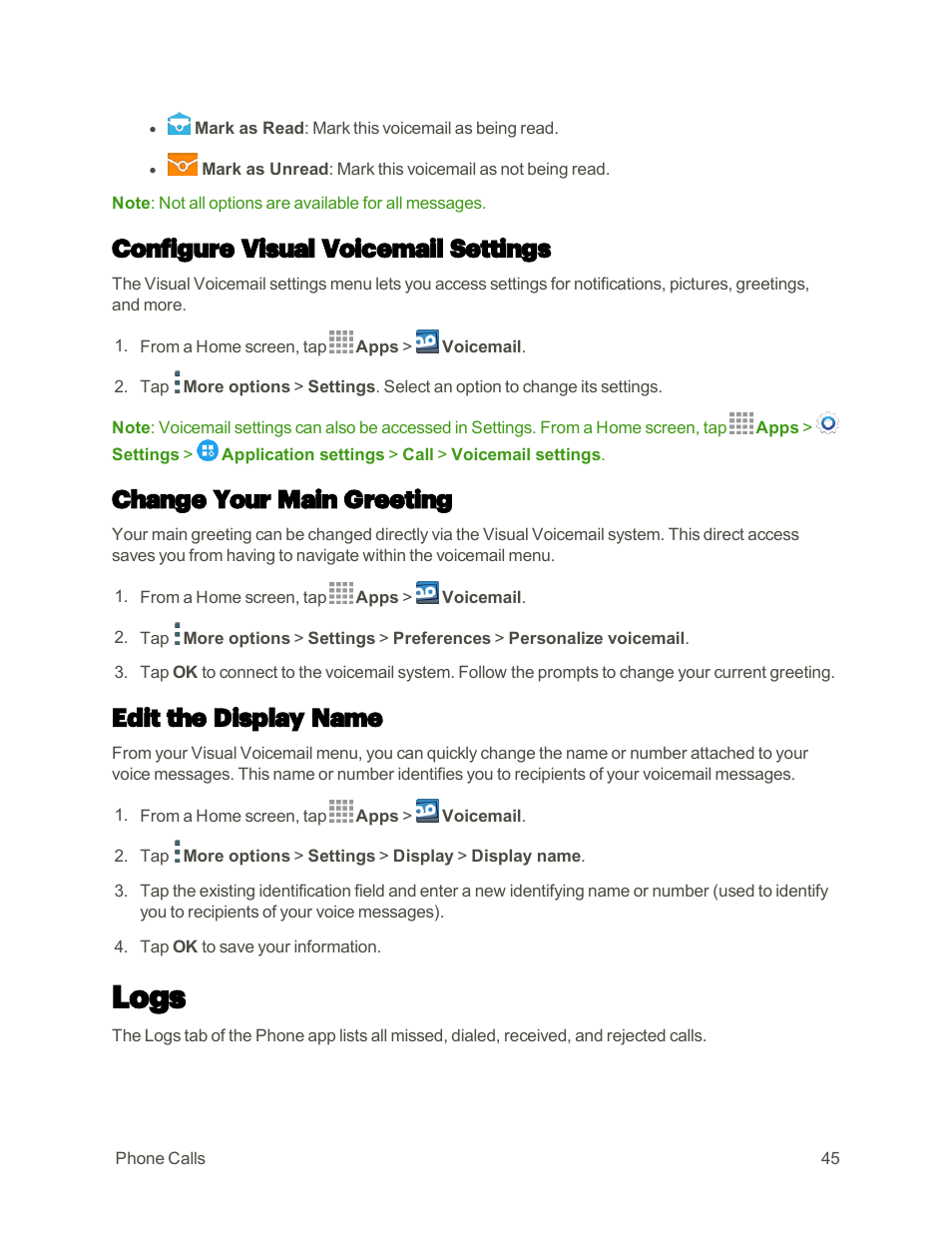 Configure visual voicemail settings, Change your main greeting, Edit the display name | Logs | Samsung Galaxy Note 4 User Manual | Page 56 / 213