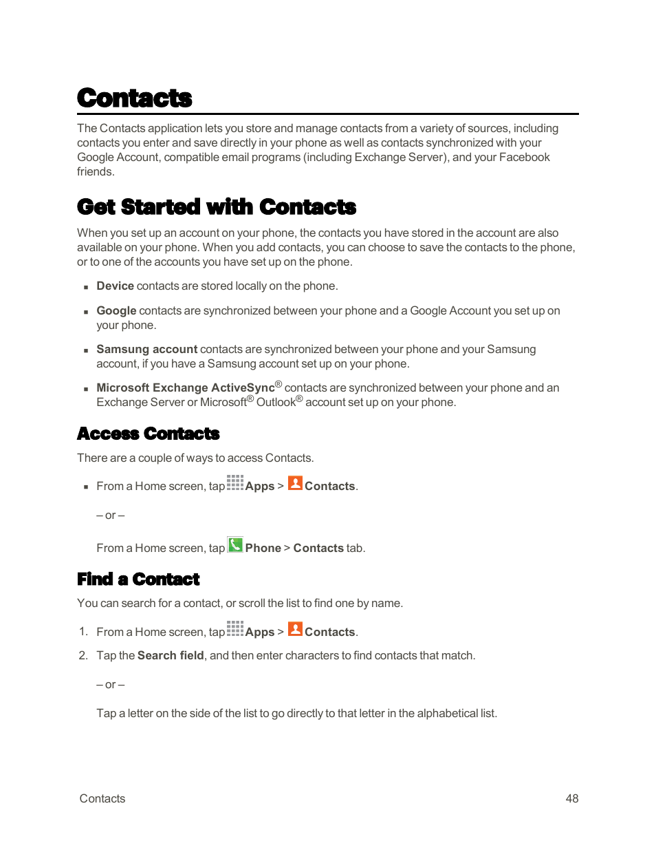 Contacts, Get started with contacts, Access contacts | Find a contact | Samsung Galaxy Note 4 User Manual | Page 59 / 213