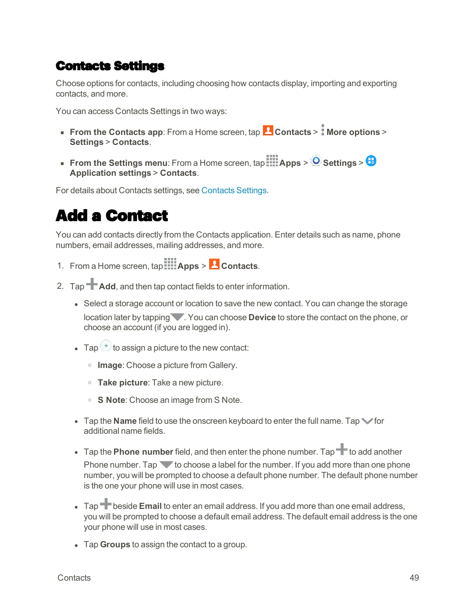 Contacts settings, Add a contact | Samsung Galaxy Note 4 User Manual | Page 60 / 213