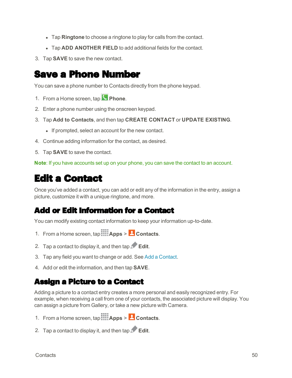 Save a phone number, Edit a contact, Add or edit information for a contact | Assign a picture to a contact | Samsung Galaxy Note 4 User Manual | Page 61 / 213