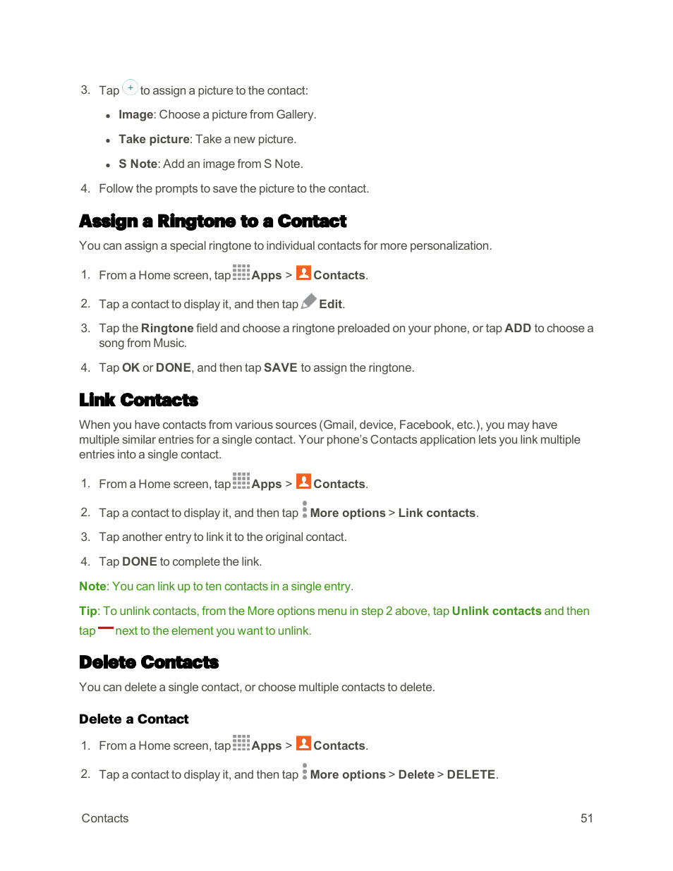 Assign a ringtone to a contact, Link contacts, Delete contacts | Samsung Galaxy Note 4 User Manual | Page 62 / 213