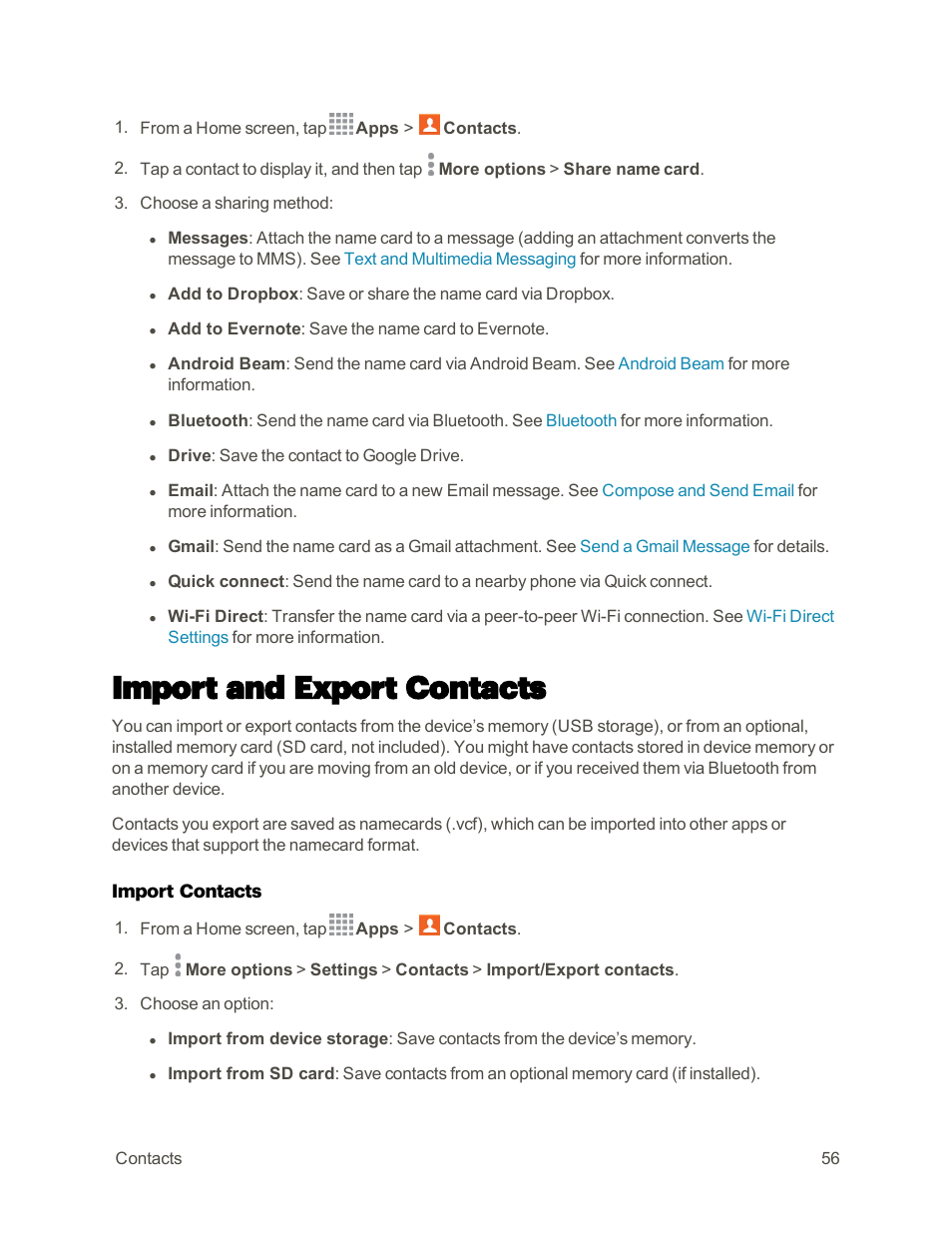 Import and export contacts | Samsung Galaxy Note 4 User Manual | Page 67 / 213