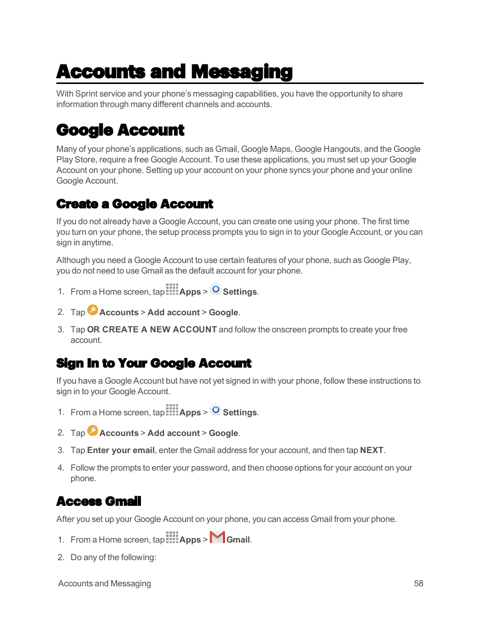 Accounts and messaging, Google account, Create a google account | Sign in to your google account, Access gmail | Samsung Galaxy Note 4 User Manual | Page 69 / 213