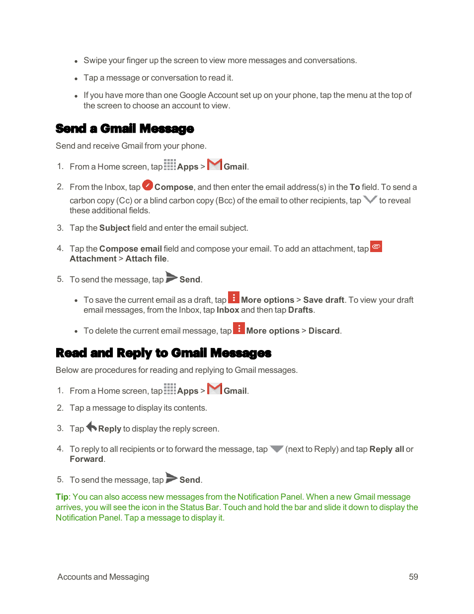 Send a gmail message, Read and reply to gmail messages | Samsung Galaxy Note 4 User Manual | Page 70 / 213