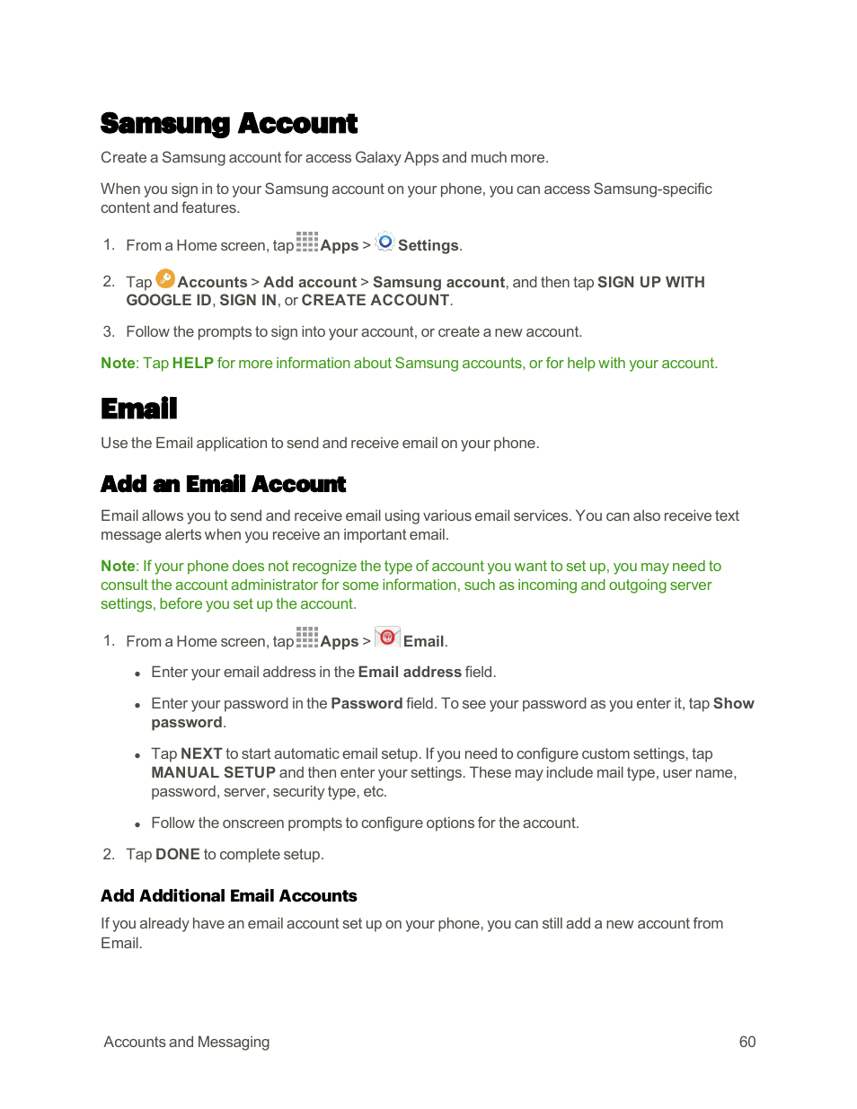 Samsung account, Email, Add an email account | Samsung Galaxy Note 4 User Manual | Page 71 / 213