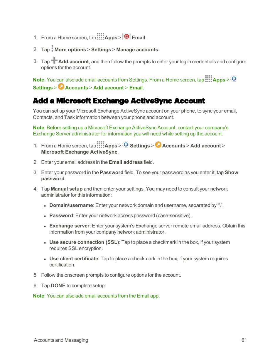 Add a microsoft exchange activesync account | Samsung Galaxy Note 4 User Manual | Page 72 / 213