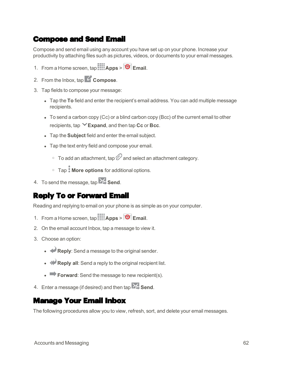 Compose and send email, Reply to or forward email, Manage your email inbox | Samsung Galaxy Note 4 User Manual | Page 73 / 213