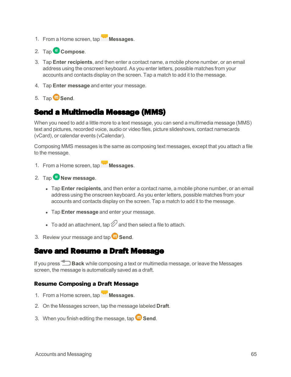 Send a multimedia message (mms), Save and resume a draft message | Samsung Galaxy Note 4 User Manual | Page 76 / 213