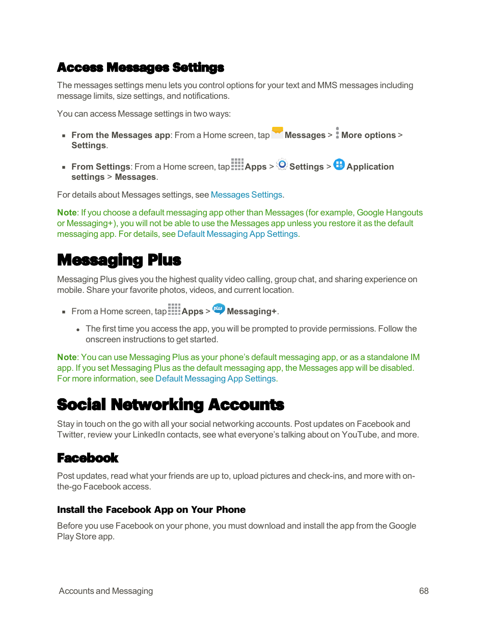 Access messages settings, Messaging plus, Social networking accounts | Facebook | Samsung Galaxy Note 4 User Manual | Page 79 / 213