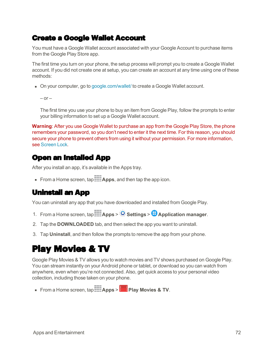 Create a google wallet account, Open an installed app, Uninstall an app | Play movies & tv | Samsung Galaxy Note 4 User Manual | Page 83 / 213