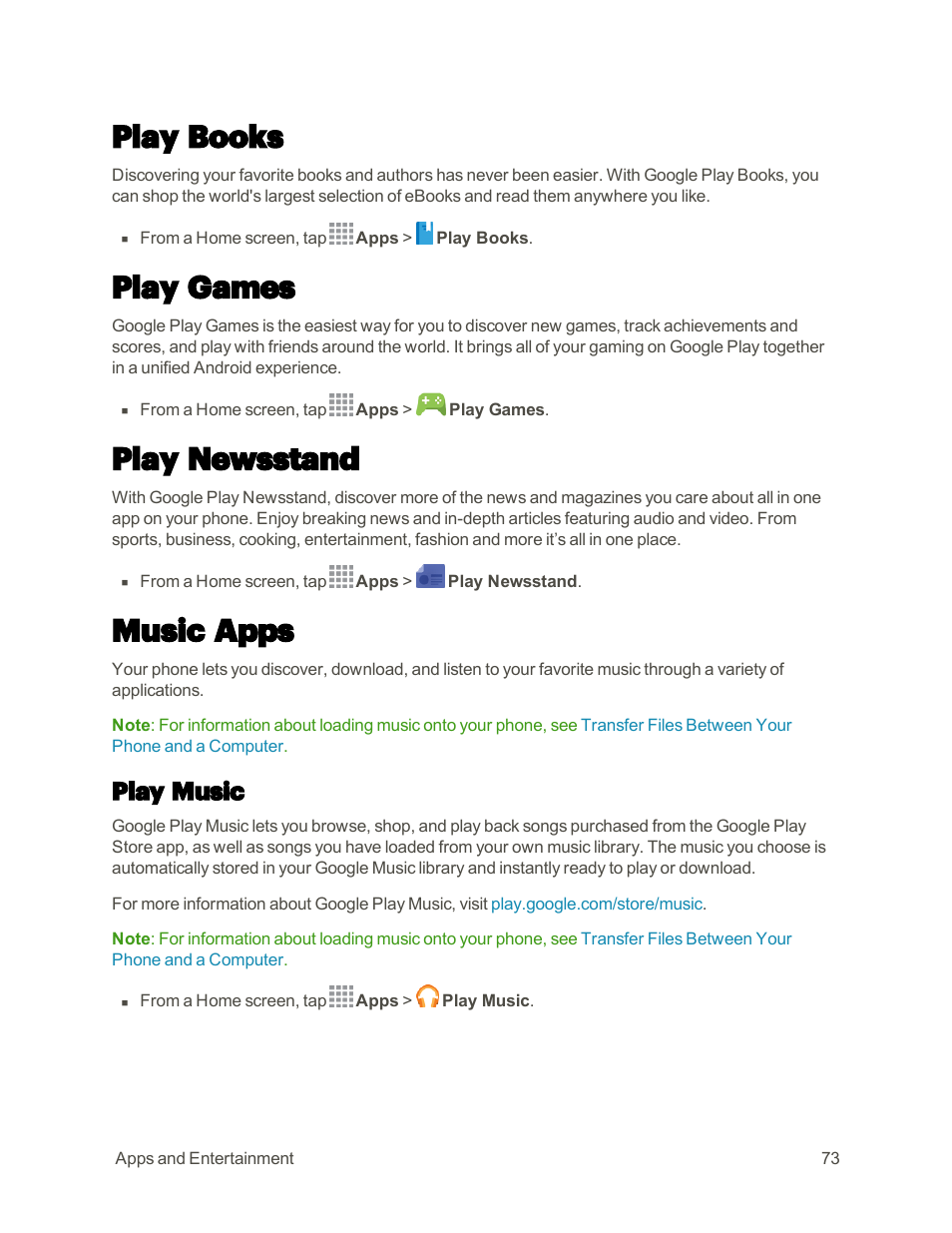 Play books, Play games, Play newsstand | Music apps, Play music | Samsung Galaxy Note 4 User Manual | Page 84 / 213