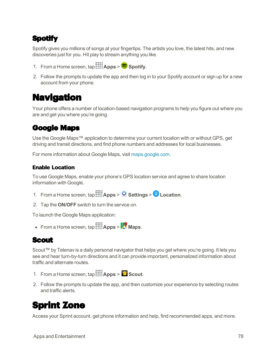 Spotify, Navigation, Google maps | Scout, Sprint zone | Samsung Galaxy Note 4 User Manual | Page 89 / 213