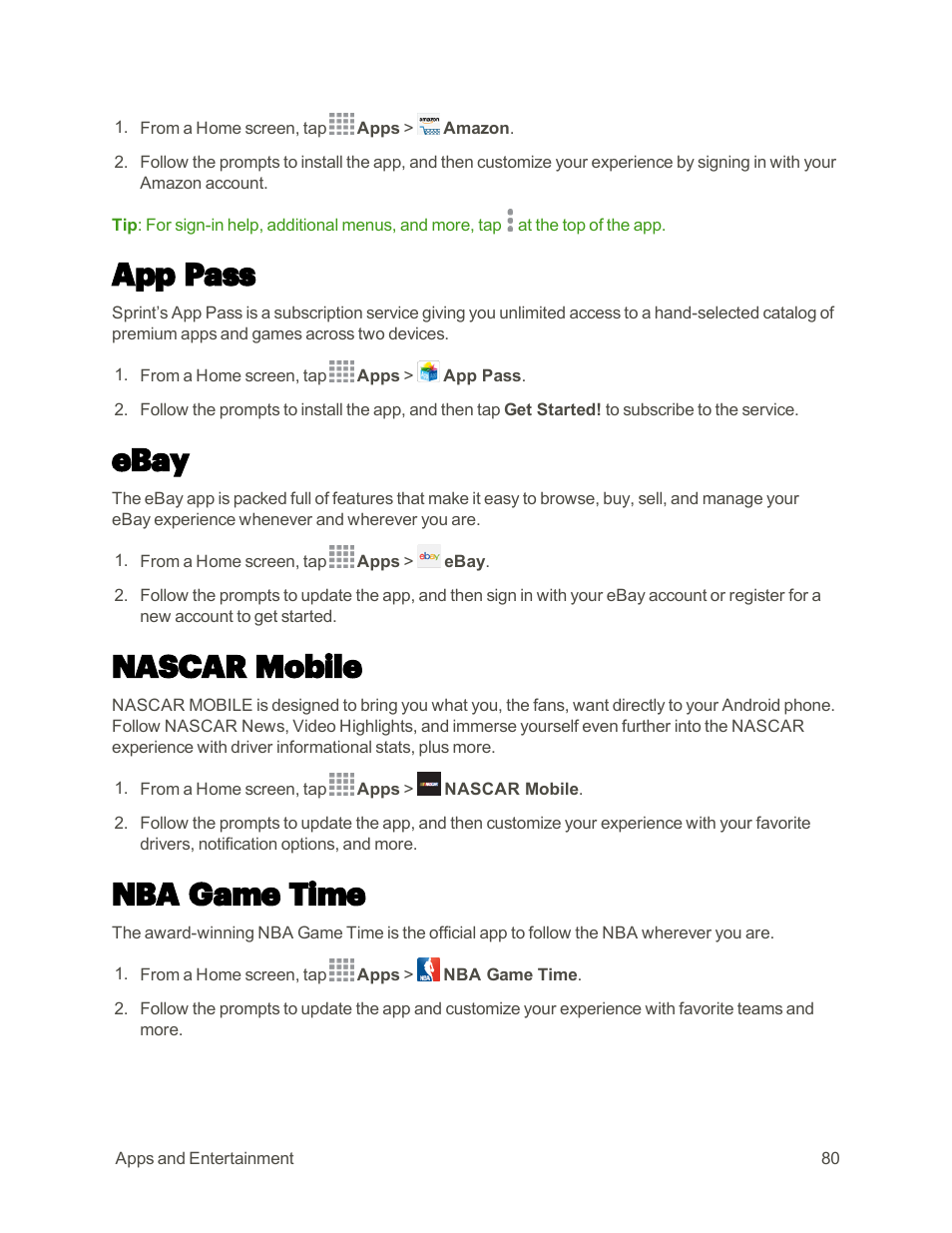 App pass, Ebay, Nascar mobile | Nba game time | Samsung Galaxy Note 4 User Manual | Page 91 / 213