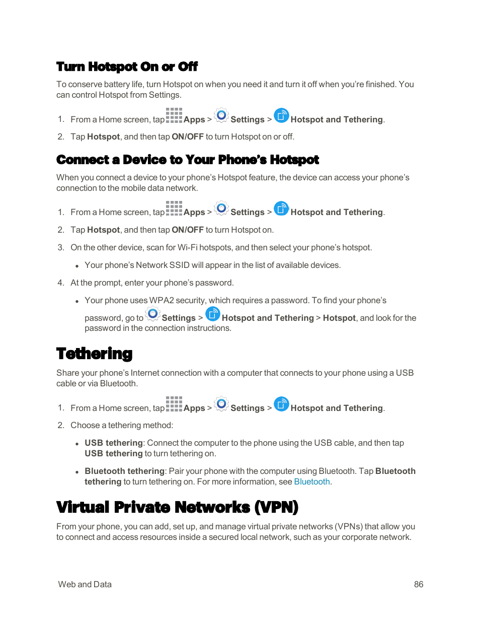 Turn hotspot on or off, Connect a device to your phone’s hotspot, Tethering | Virtual private networks (vpn) | Samsung Galaxy Note 4 User Manual | Page 97 / 213