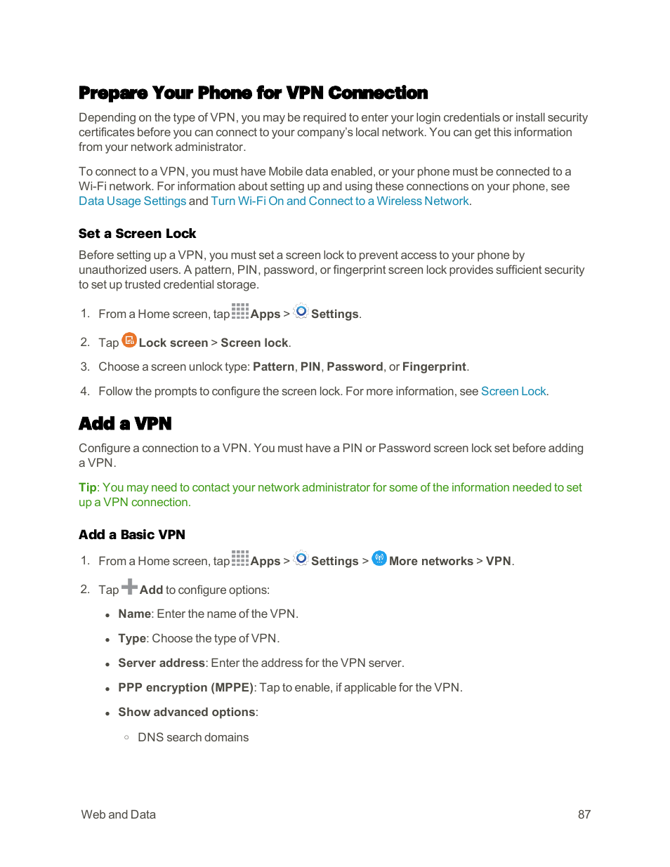 Prepare your phone for vpn connection, Add a vpn | Samsung Galaxy Note 4 User Manual | Page 98 / 213