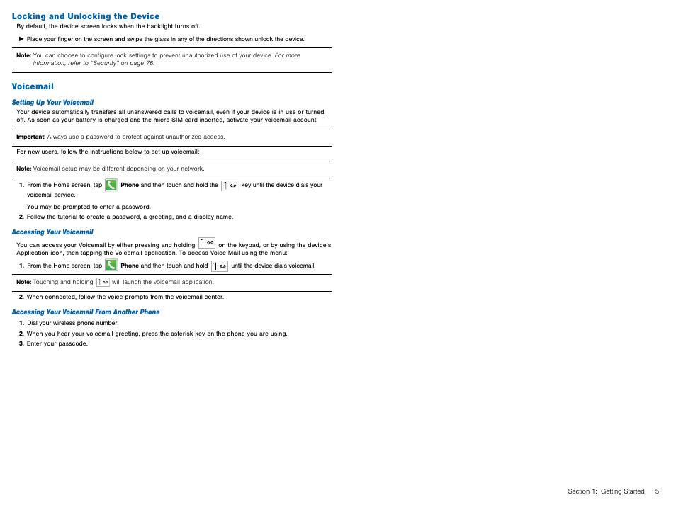 Locking and unlocking the device, Voicemail, Locking and unlocking the device voicemail | Samsung Galaxy Avant User Manual | Page 10 / 92