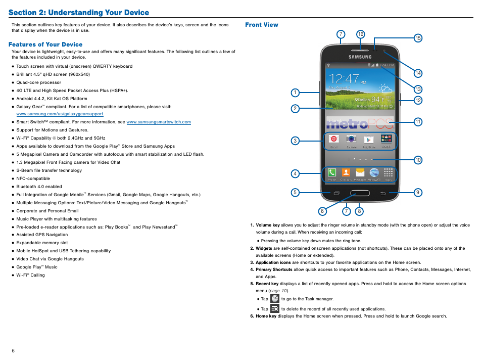 Section 2: understanding your device, Features of your device, Front view | Features of your device front view | Samsung Galaxy Avant User Manual | Page 11 / 92