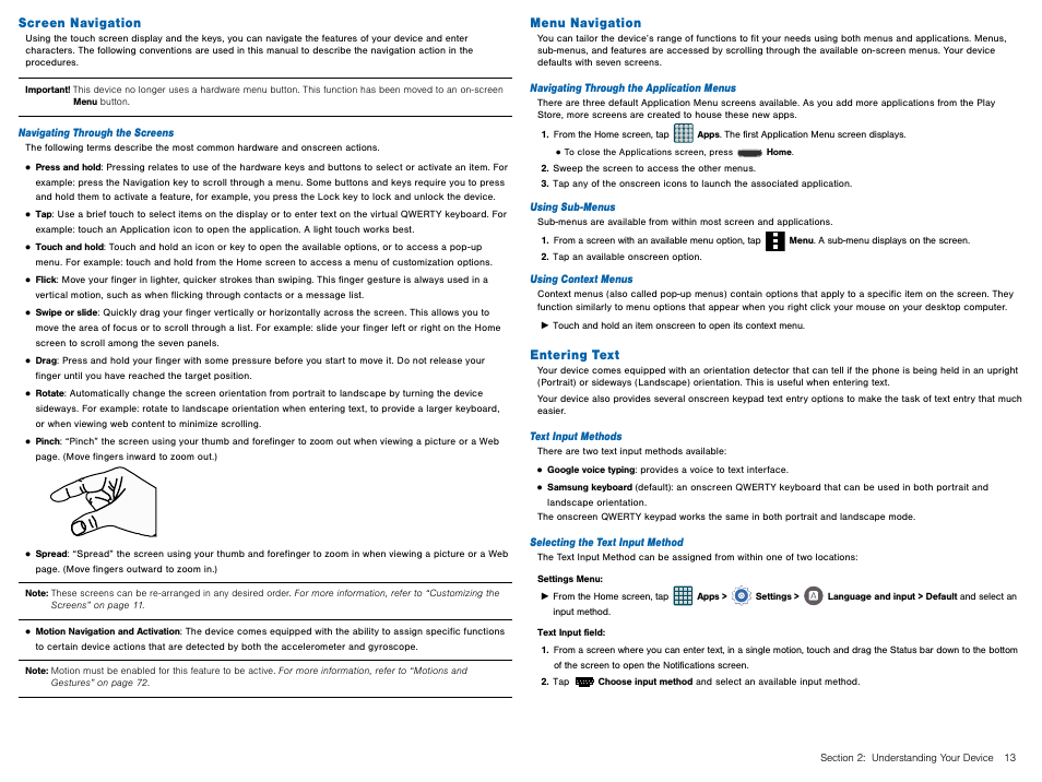 Screen navigation, Menu navigation, Entering text | Screen navigation menu navigation entering text | Samsung Galaxy Avant User Manual | Page 18 / 92