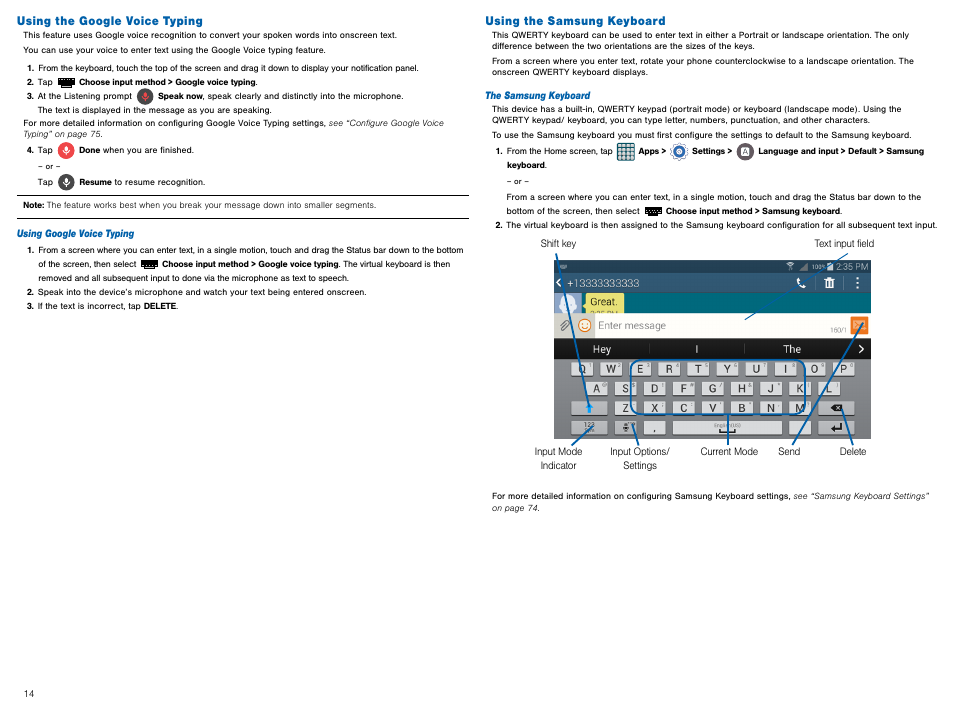 Using the google voice typing, Using the samsung keyboard | Samsung Galaxy Avant User Manual | Page 19 / 92
