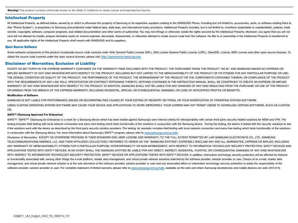 Intellectual property, Disclaimer of warranties; exclusion of liability | Samsung Galaxy Avant User Manual | Page 2 / 92