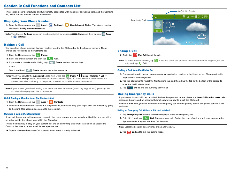 Section 3: call functions and contacts list, Displaying your phone number, Making a call | Ending a call, Making emergency calls | Samsung Galaxy Avant User Manual | Page 21 / 92