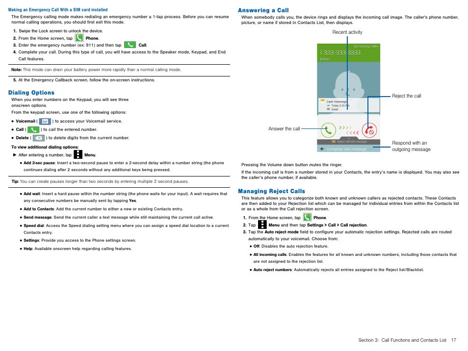 Dialing options, Answering a call, Managing reject calls | Samsung Galaxy Avant User Manual | Page 22 / 92