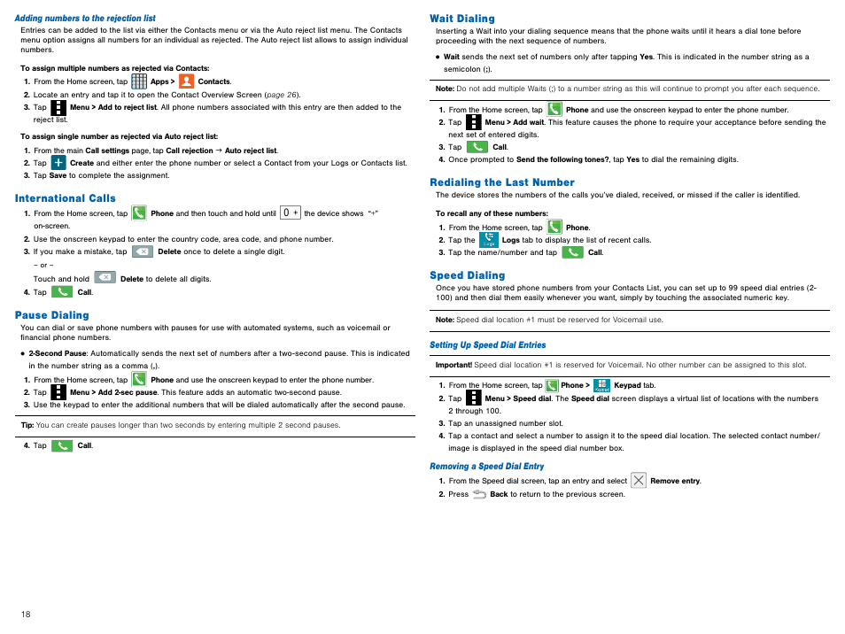 International calls, Pause dialing, Wait dialing | Redialing the last number, Speed dialing | Samsung Galaxy Avant User Manual | Page 23 / 92