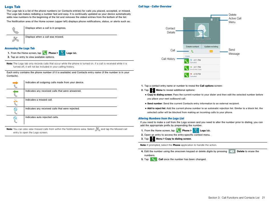 Logs tab | Samsung Galaxy Avant User Manual | Page 26 / 92