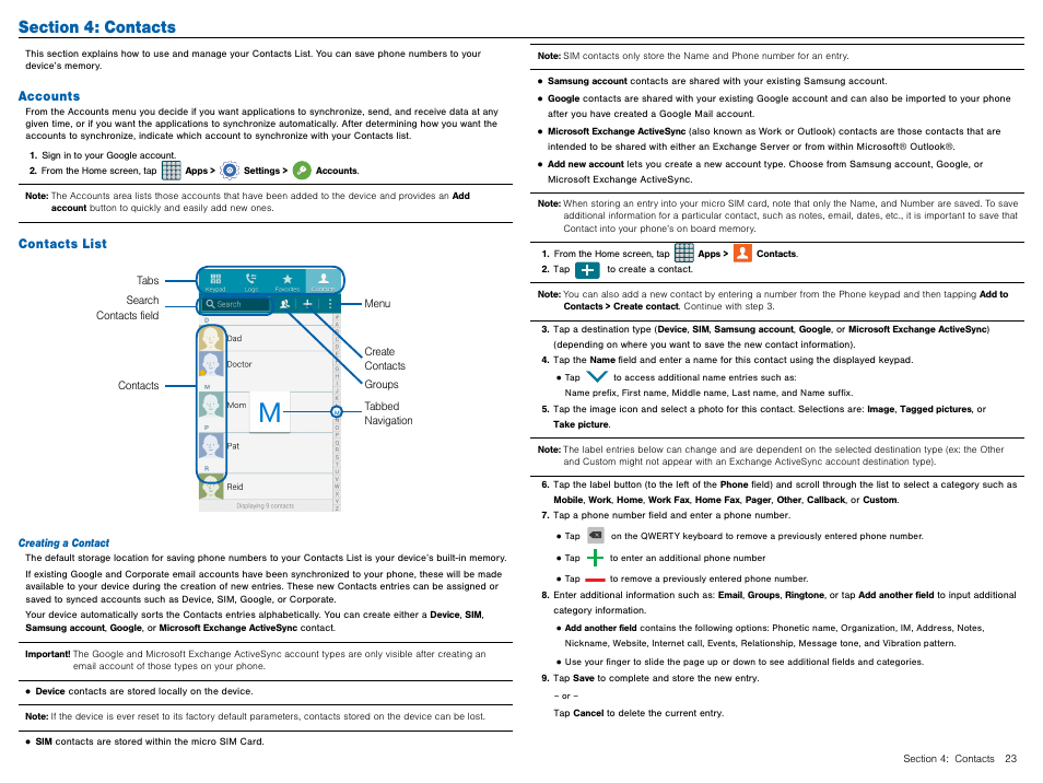 Section 4: contacts, Accounts, Contacts list | Accounts contacts list | Samsung Galaxy Avant User Manual | Page 28 / 92