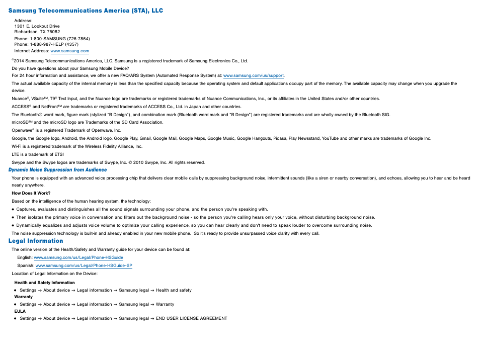 Samsung telecommunications america (sta), llc, Legal information | Samsung Galaxy Avant User Manual | Page 3 / 92