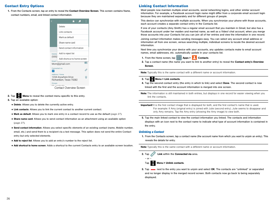 Contact entry options, Linking contact information, Contact entry options linking contact information | Samsung Galaxy Avant User Manual | Page 31 / 92