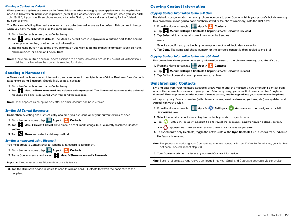 Sending a namecard, Copying contact information, Synchronizing contacts | Samsung Galaxy Avant User Manual | Page 32 / 92