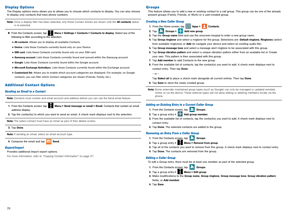 Display options, Additional contact options, Groups | Display options additional contact options groups | Samsung Galaxy Avant User Manual | Page 33 / 92
