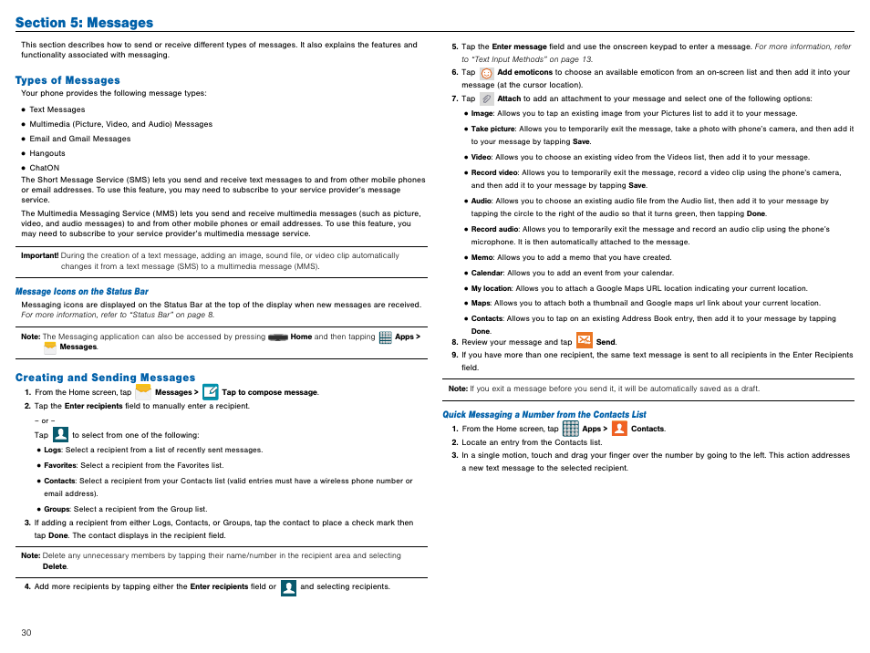 Section 5: messages, Types of messages, Creating and sending messages | Types of messages creating and sending messages | Samsung Galaxy Avant User Manual | Page 35 / 92