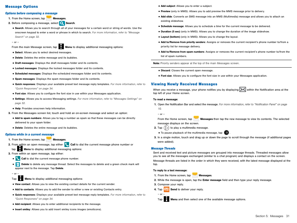 Message options, Viewing newly received messages, Message options viewing newly received messages | Samsung Galaxy Avant User Manual | Page 36 / 92