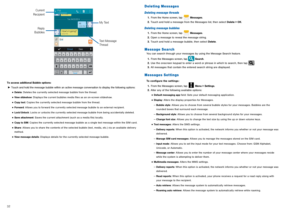 Deleting messages, Message search, Messages settings | Deleting messages message search messages settings | Samsung Galaxy Avant User Manual | Page 37 / 92