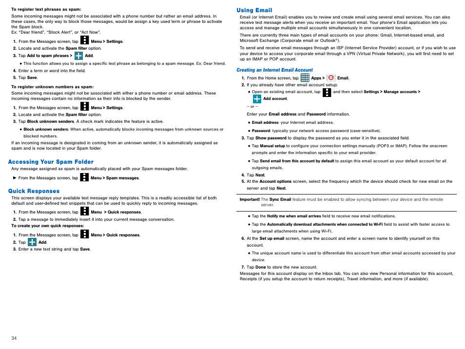 Accessing your spam folder, Quick responses, Using email | For more information, refer to | Samsung Galaxy Avant User Manual | Page 39 / 92