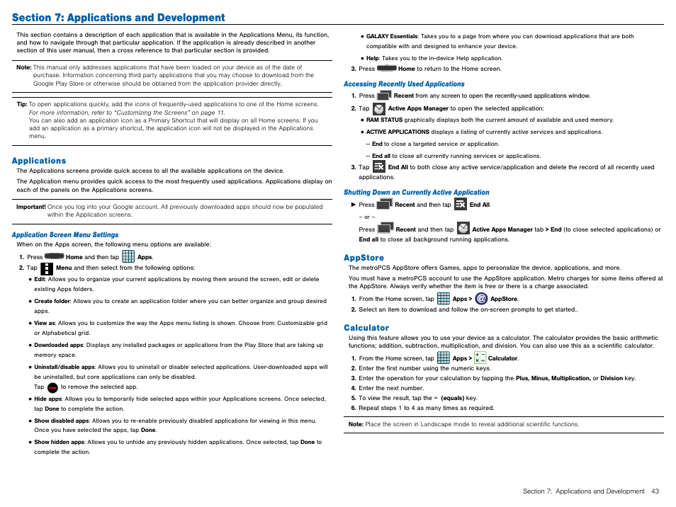 Section 7: applications and development, Applications, Appstore | Calculator, Applications appstore calculator | Samsung Galaxy Avant User Manual | Page 48 / 92