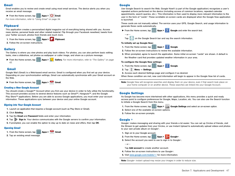 Email, Flipboard, Gallery | Gmail, Google, Google settings, Email flipboard | Samsung Galaxy Avant User Manual | Page 52 / 92