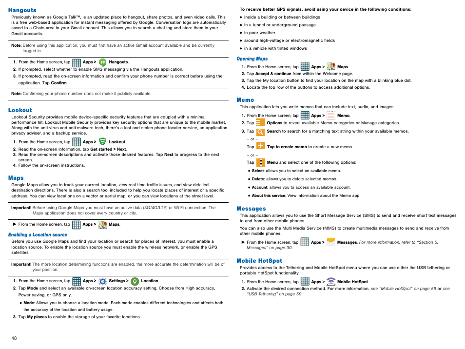 Hangouts, Lookout, Maps | Memo, Messages, Mobile hotspot, Hangouts lookout maps memo messages mobile hotspot | Samsung Galaxy Avant User Manual | Page 53 / 92