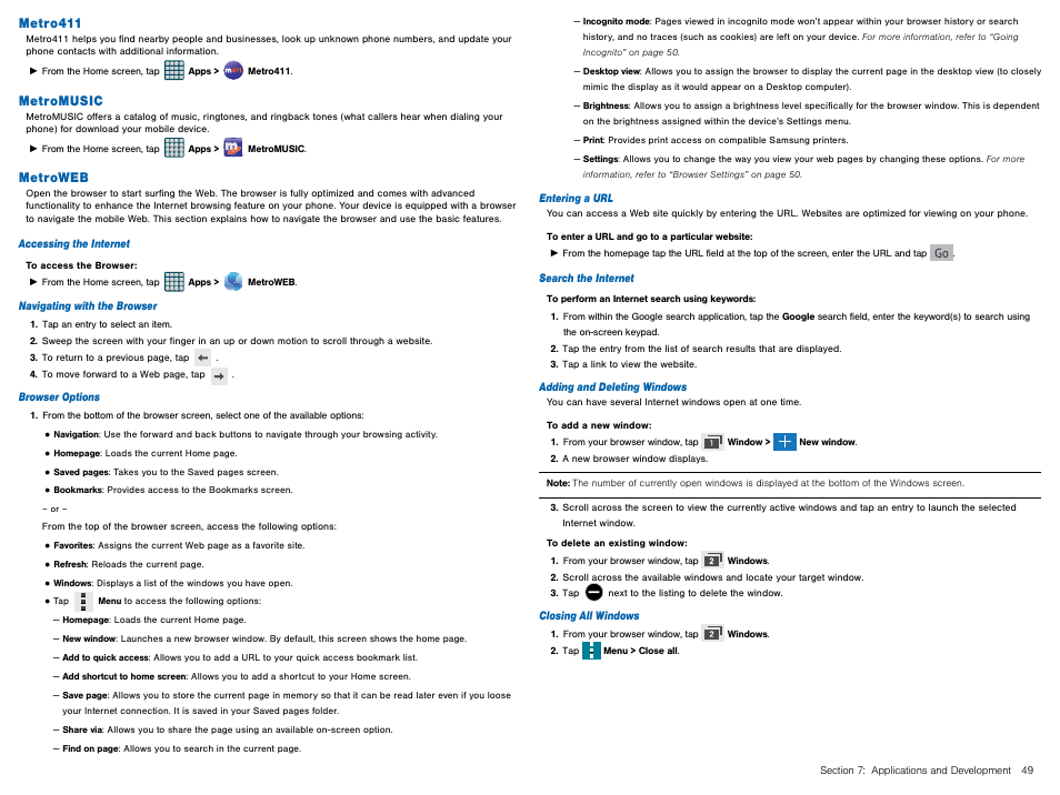 Metro411, Metromusic, Metroweb | Metro411 metromusic metroweb | Samsung Galaxy Avant User Manual | Page 54 / 92