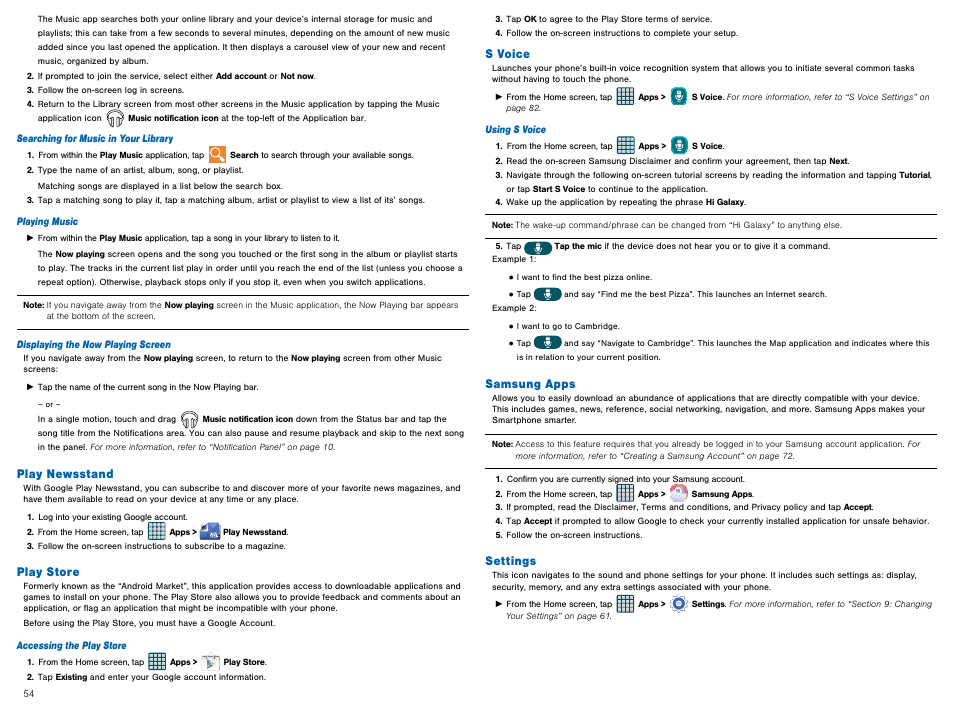 Play newsstand, Play store, Samsung apps | Settings, Play newsstand play store samsung apps settings, S voice | Samsung Galaxy Avant User Manual | Page 59 / 92