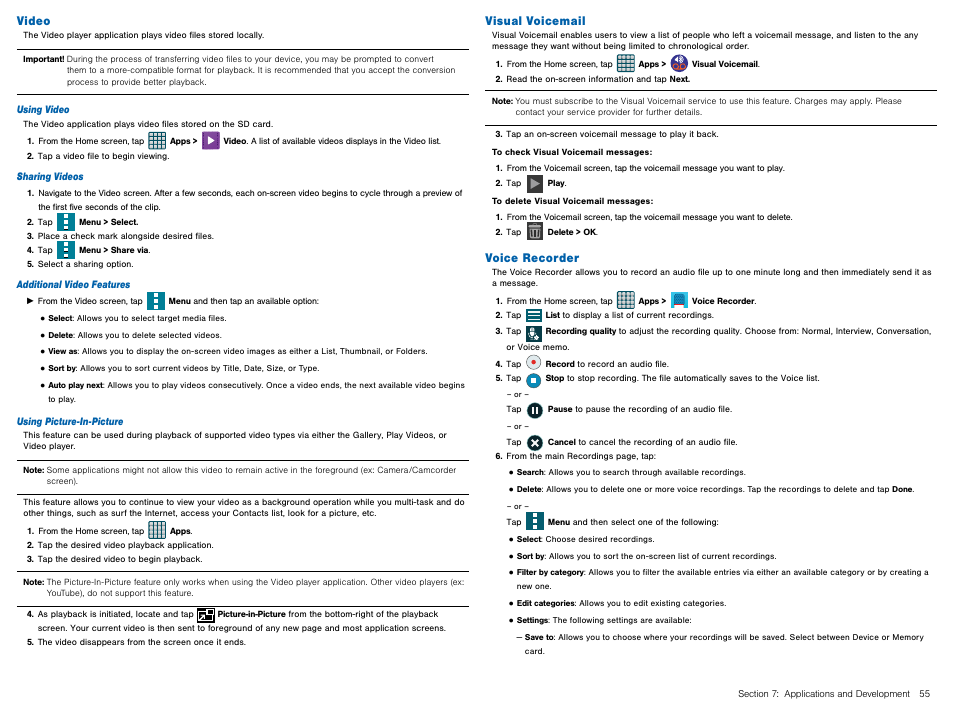 Video, Visual voicemail, Voice recorder | Video visual voicemail voice recorder | Samsung Galaxy Avant User Manual | Page 60 / 92