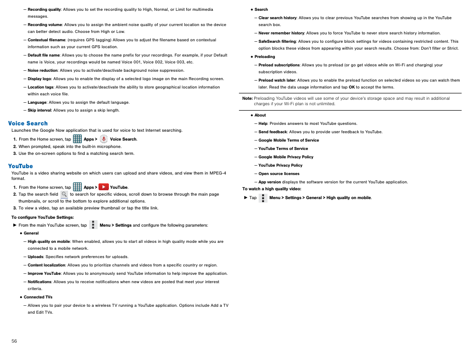 Voice search, Youtube, Voice search youtube | Samsung Galaxy Avant User Manual | Page 61 / 92